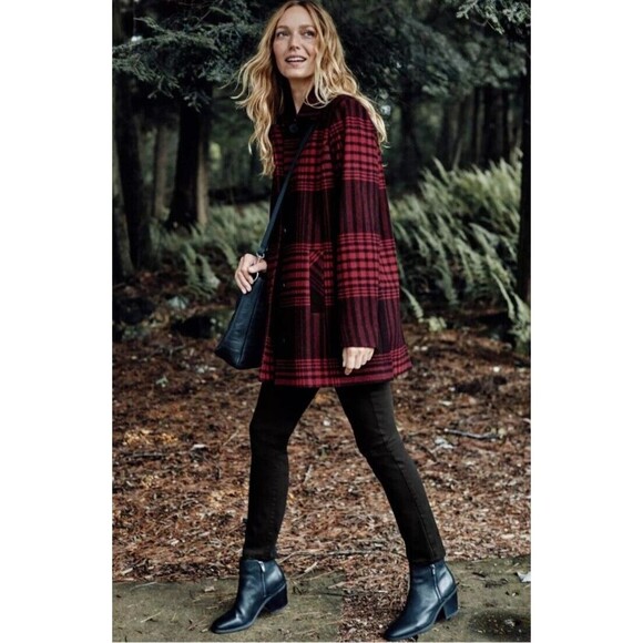 J Jill Buffalo Plaid Peacoat Wool Size Small Black & Red Winter Jacket Holiday - Picture 2 of 14